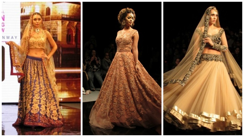 beige and gold and blue lehengas at Braun India Fashion Week 2016 bridal wear