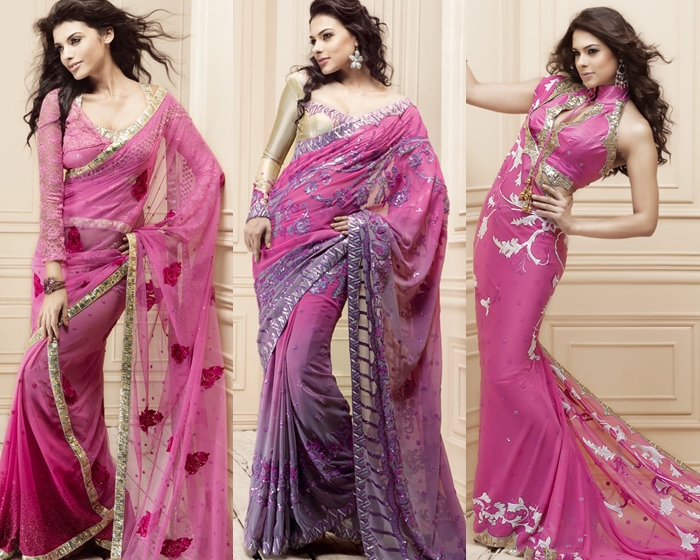 Buy Purple Chinon Print Ready Pleated Saree Online : France -