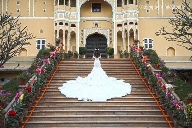 Steph Audino mermaid gown with train at Samode Palace India Jaipur wedding