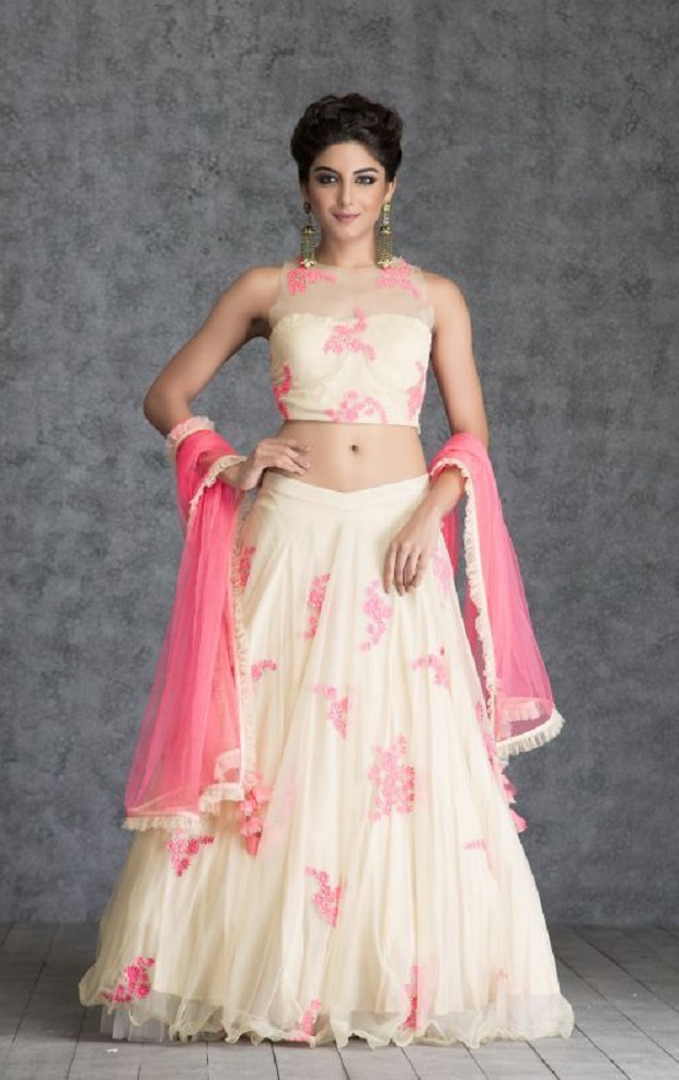 pastel pink and white tulle lehenga with illusion neckline
