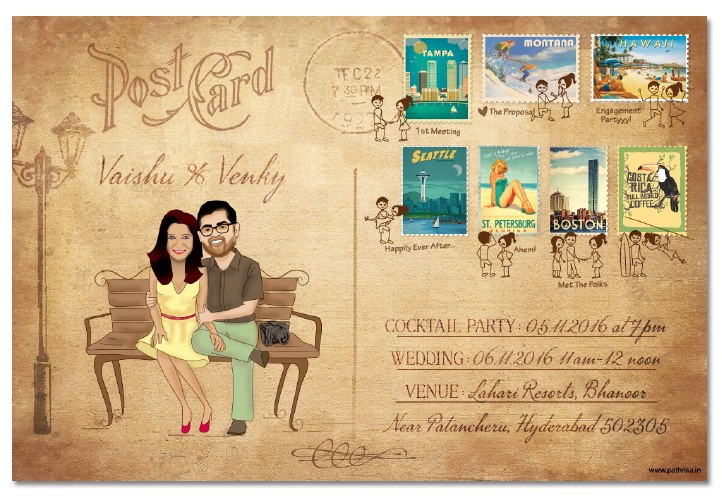 wedding invitations with caricatures of bride and groom