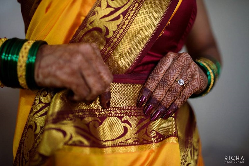 bride wears her 5 yard sari on her wedding day-Mamachi yellow sari
